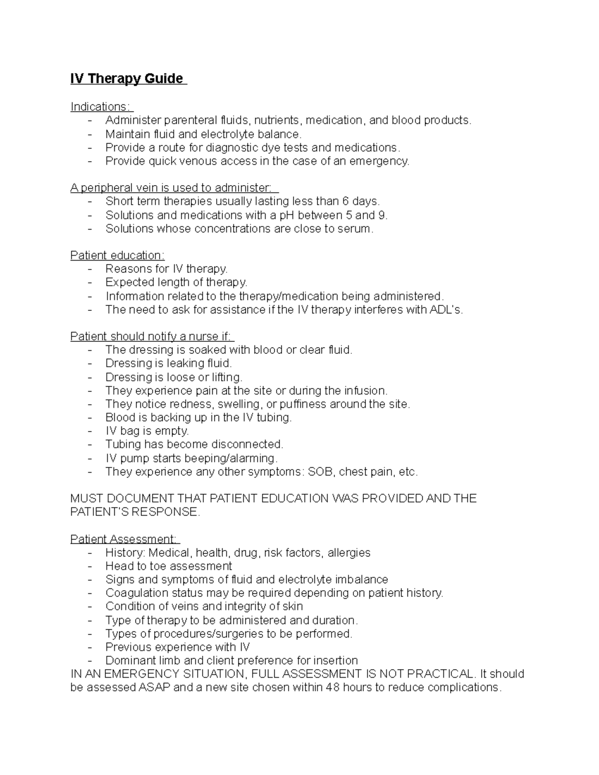 Guide to IV Therapy IV Therapy Guide Indications Administer parenteral fluids, nutrients