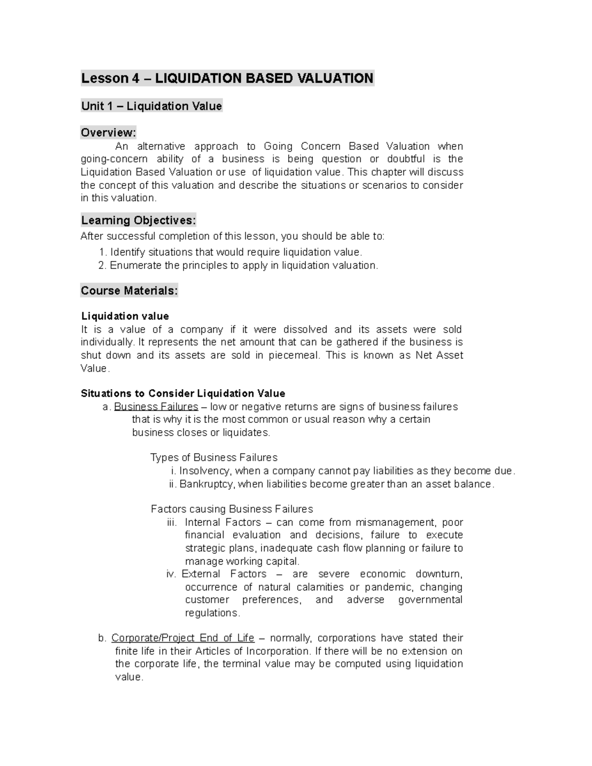 Lesson 4 - Liquidation Based Valuation Unit 1 - Liquidation Value ...
