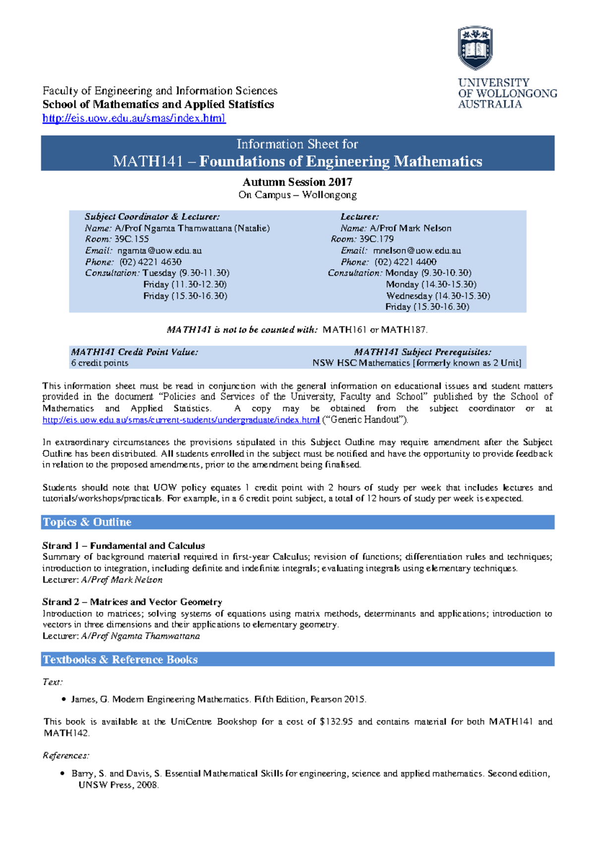 Subject Outline MATH141 2017 - Faculty Of Engineering And Information ...