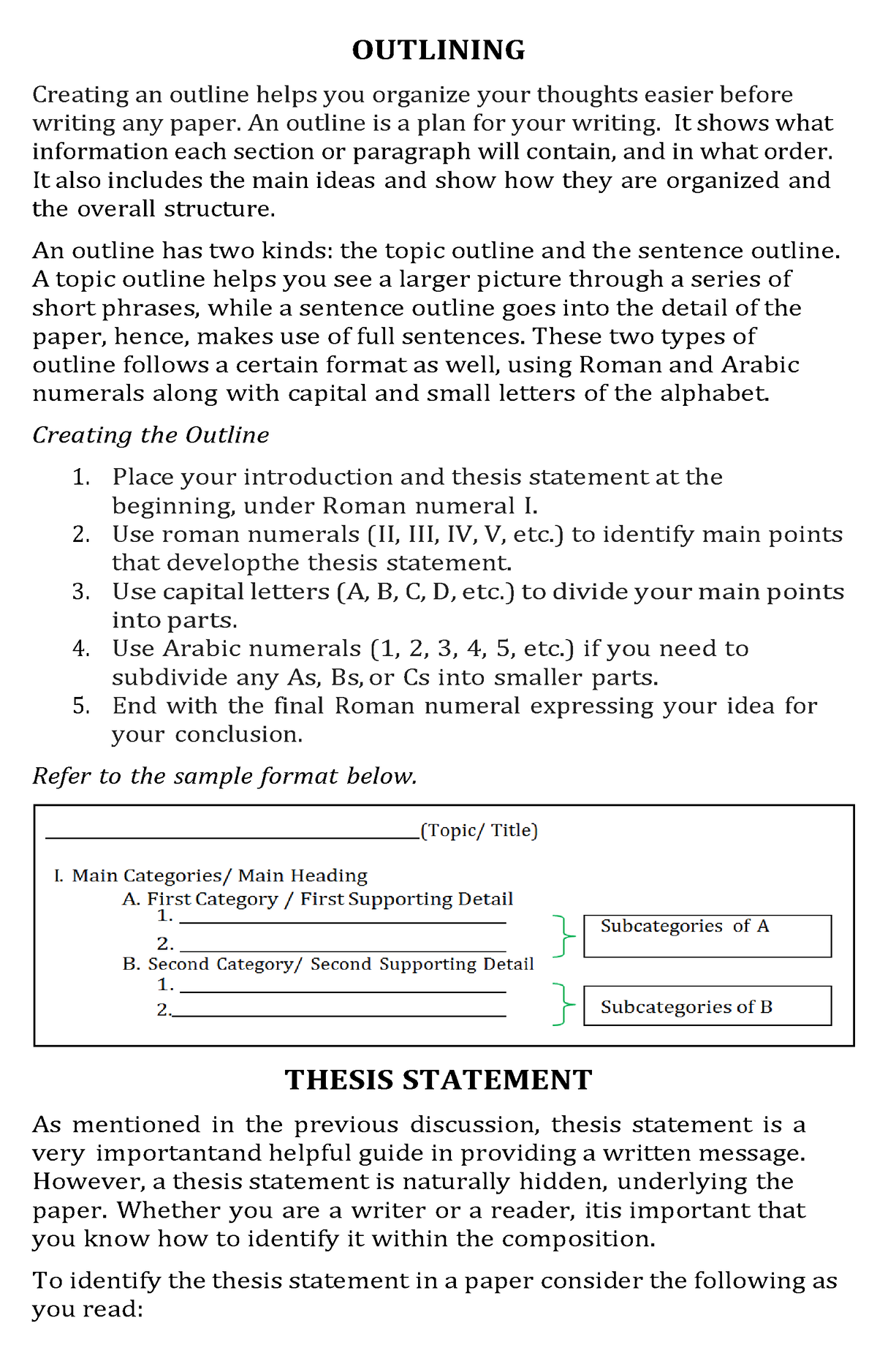 brainstorming forming the thesis statement and outlining