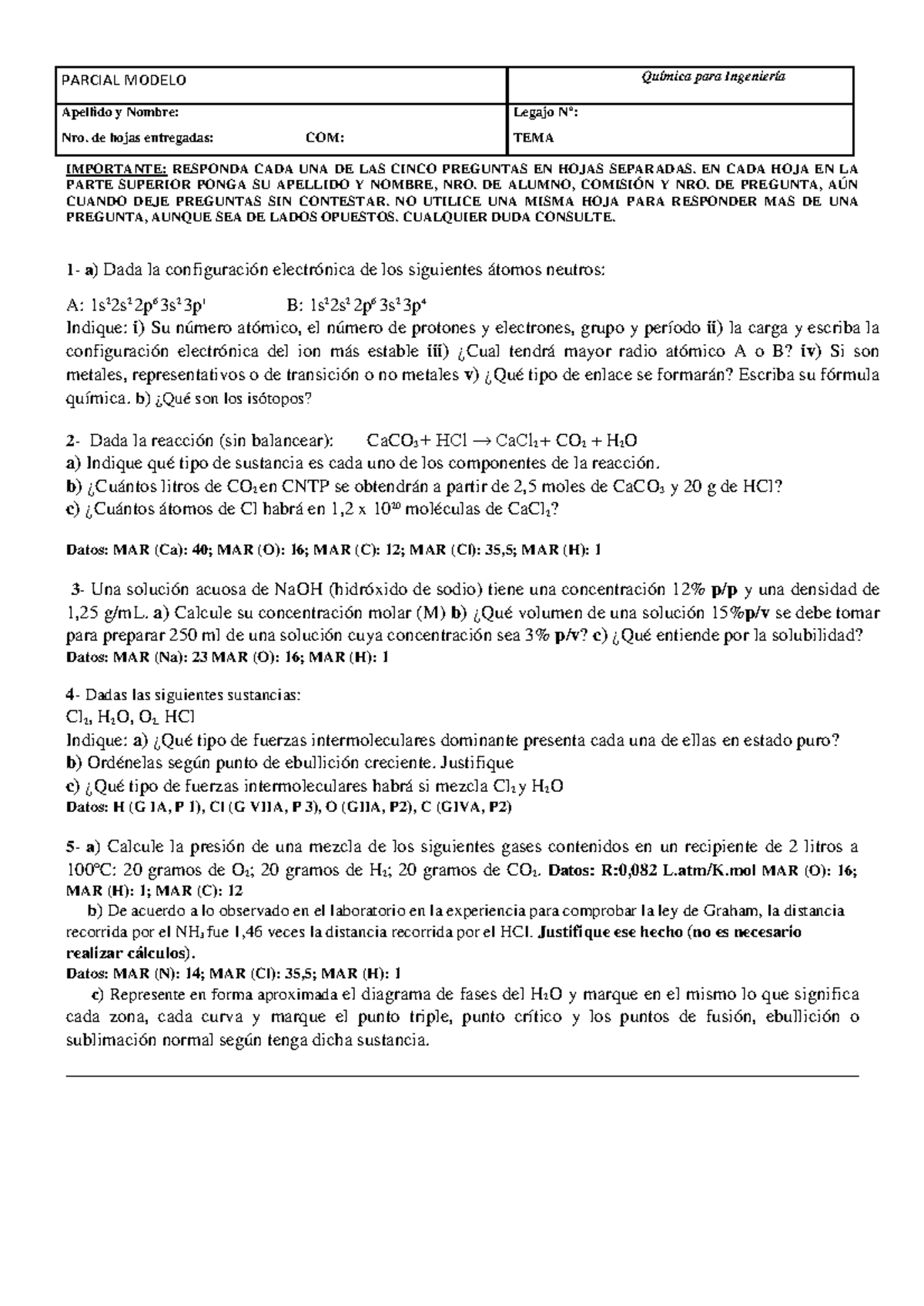 1p- Modelo-1 - Modelo De Examen - Parcial Modelo Química Para 