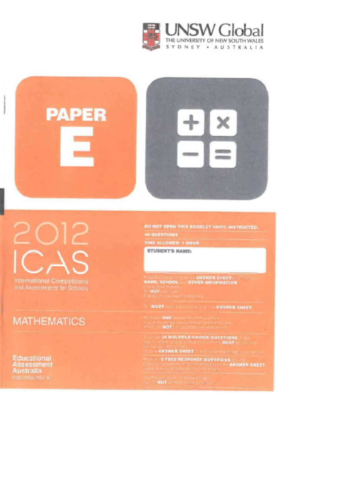 ICAS Yr 7 Maths 2012 - math - PAPER DO NOT OPEN THIS BOOKLET UNTIL ...