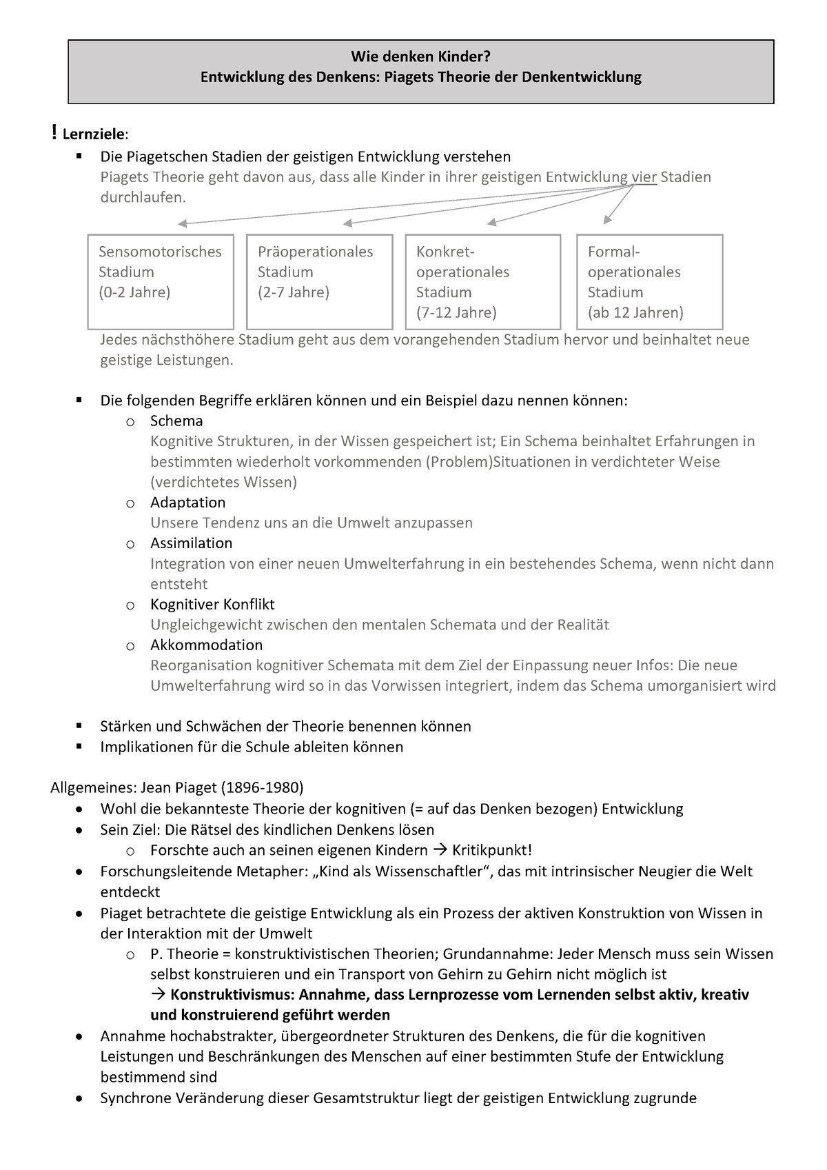 2 Piaget SoSe 2022 Lernziele Die Piagetschen Stadien der
