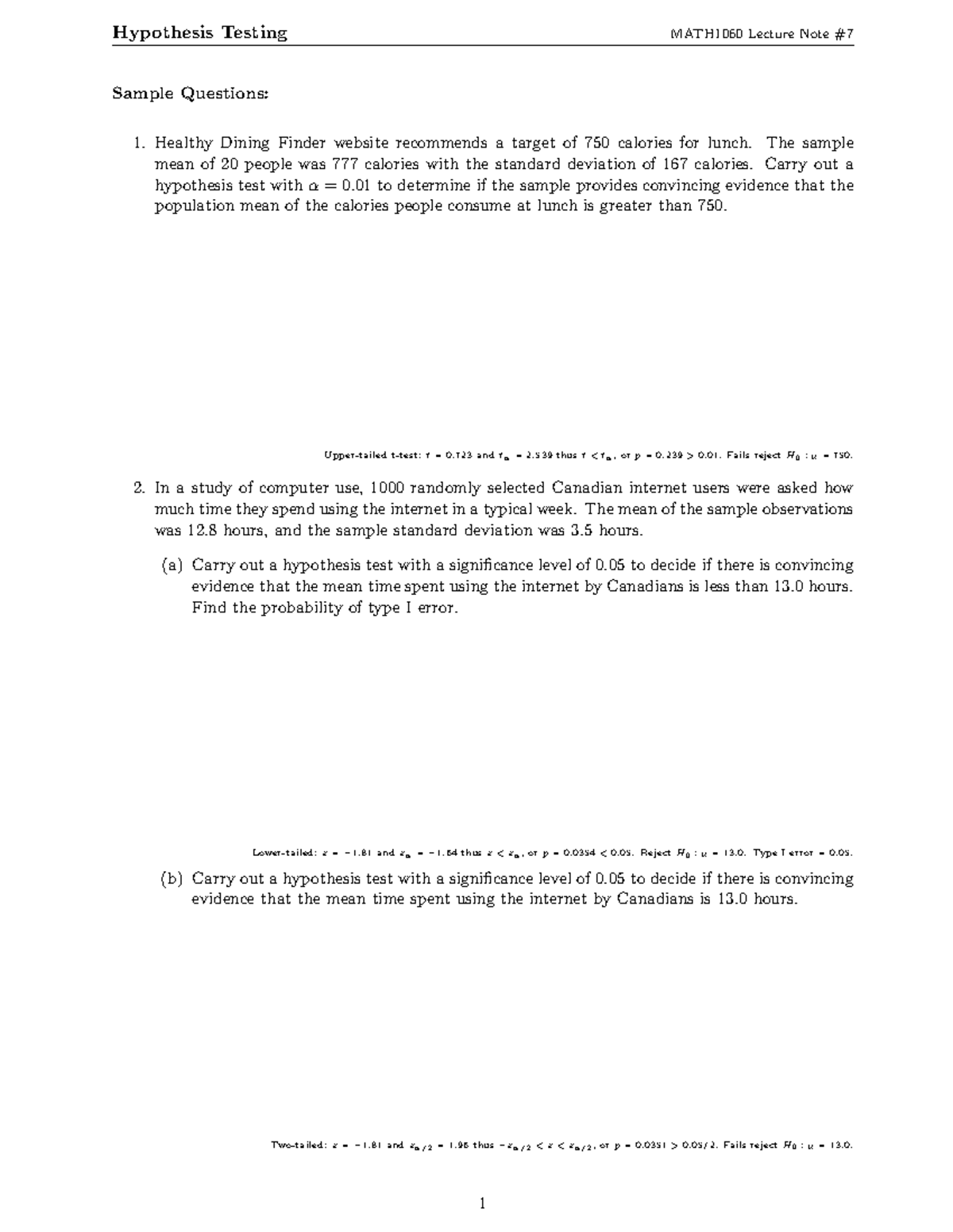 Lecture 07 - Sample Problems - Hypothesis Testing MATH1060 Lecture Note ...