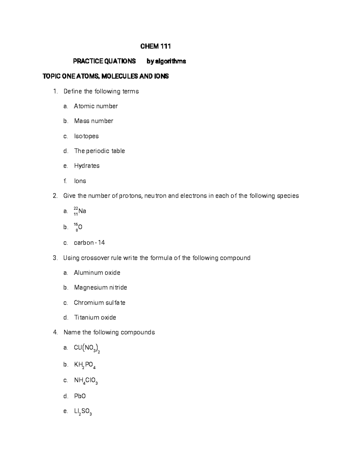 CHEM 111 practice questions C H E M 1 1 1 P R A C T I C E Q U A T I O N S b y a l g o r i t