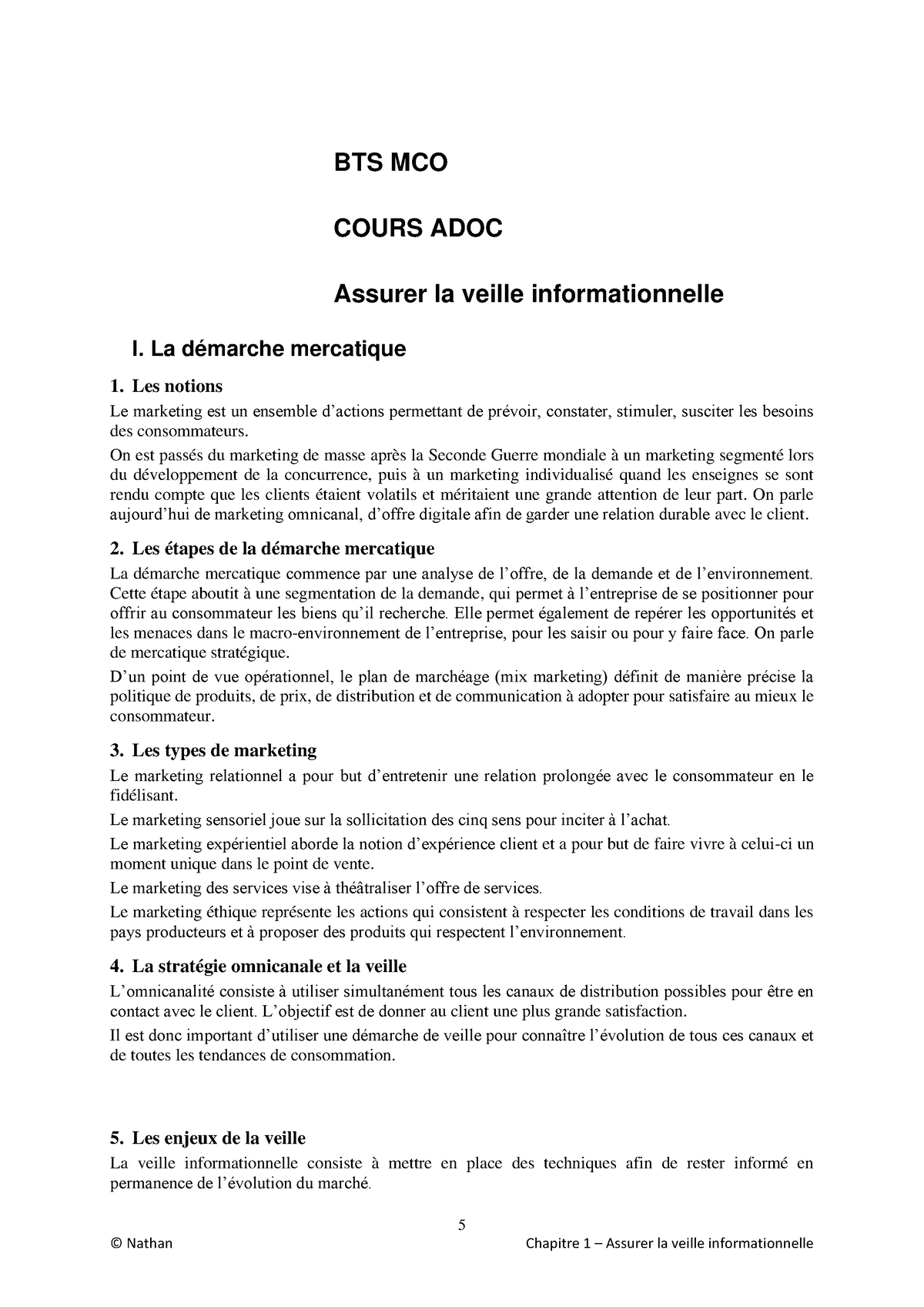 Cours DRCV LA Veille Informationnelle - 5 © Nathan Chapitre 1 – Assurer ...