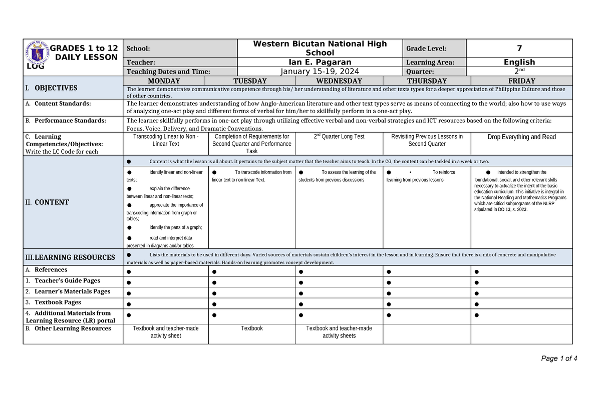 DLL 2nd Q JAN15-19,2024 - GRADES 1 to 12 DAILY LESSON LOG School ...