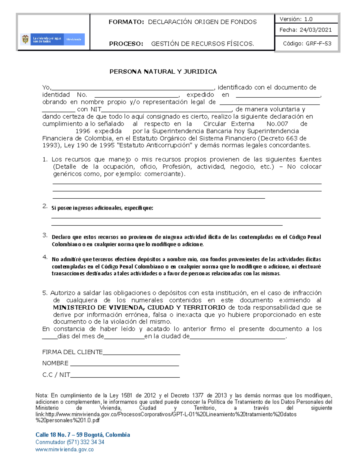 Grf F 53 Declaracion De Origen De Fondos 1 - FORMATO: DECLARACIÓN ...