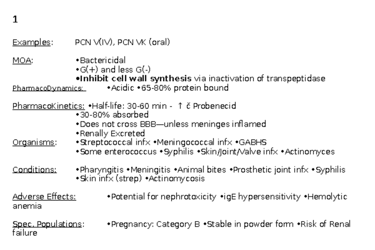 Antibiotics Flash Cards 2 - 1 Examples: PCN V(IV), PCN VK (oral) MOA ...