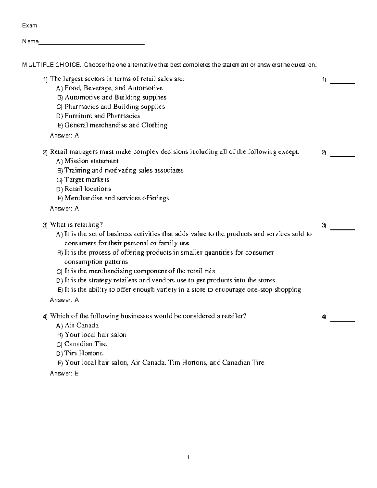 Test bank for the course - Exam Name ...