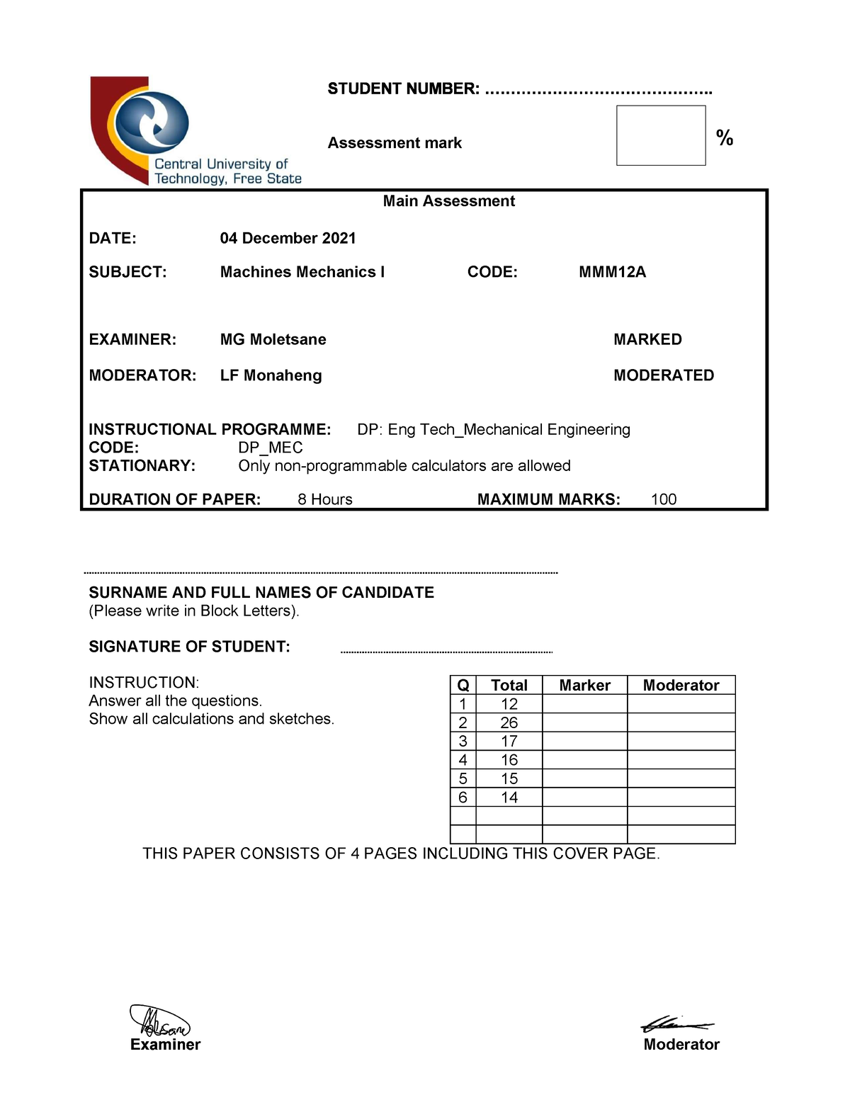 MMM12A Main Examination 2021 - Assessment mark Main Assessment DATE: 04 ...