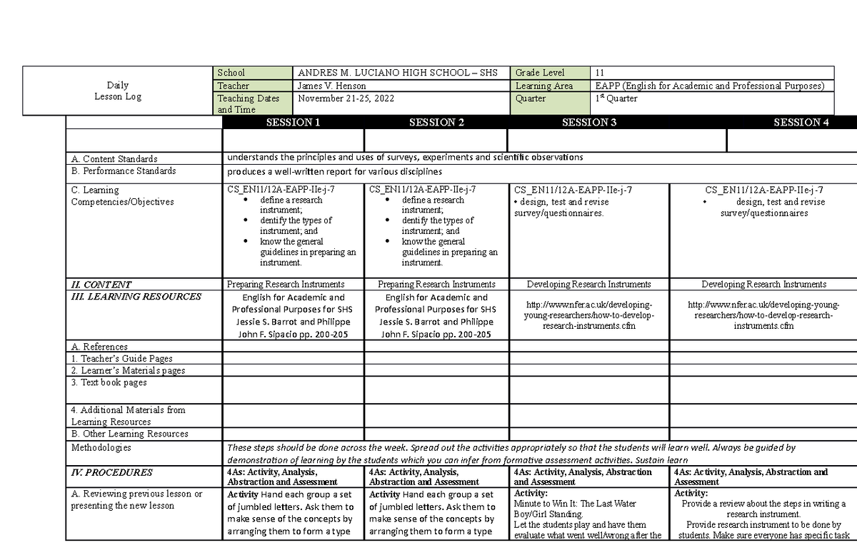 DLL-EAPP-November 21-25, 2022 - Daily Lesson Log School ANDRES M ...