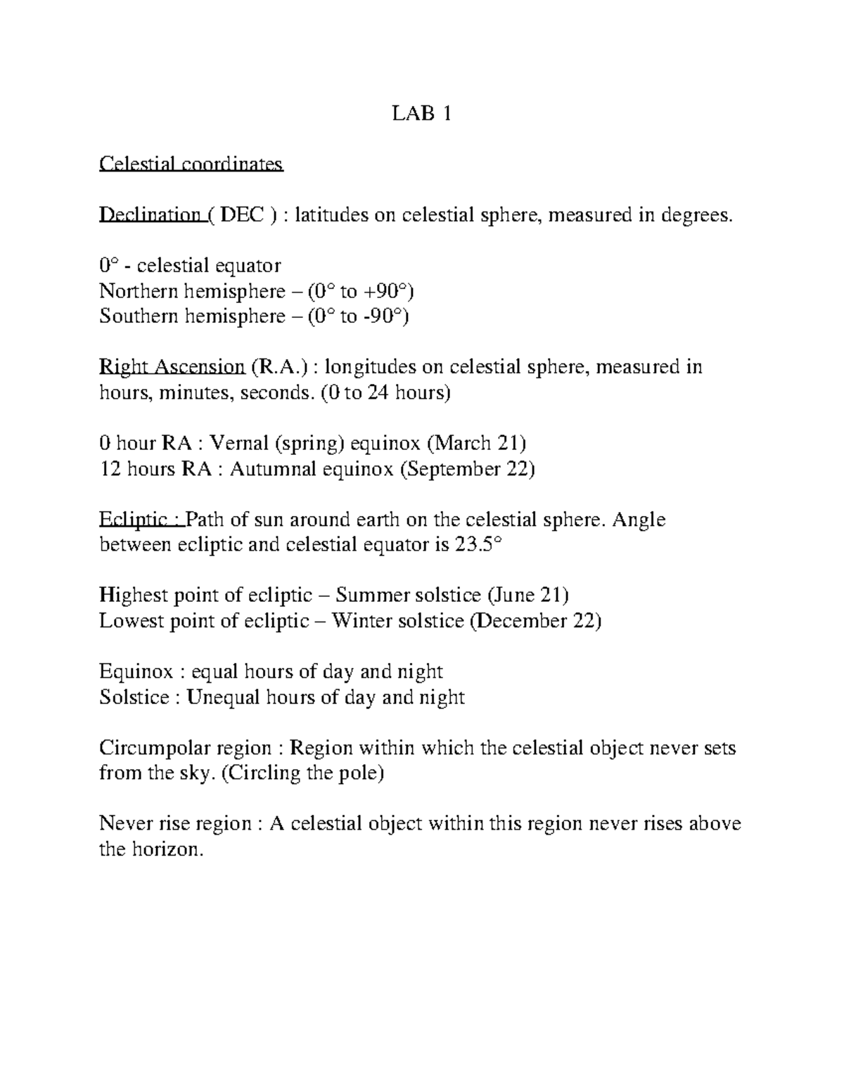 Quiz 1 Study Guide - AY 102 - LAB 1 Celestial Coordinates Declination ...