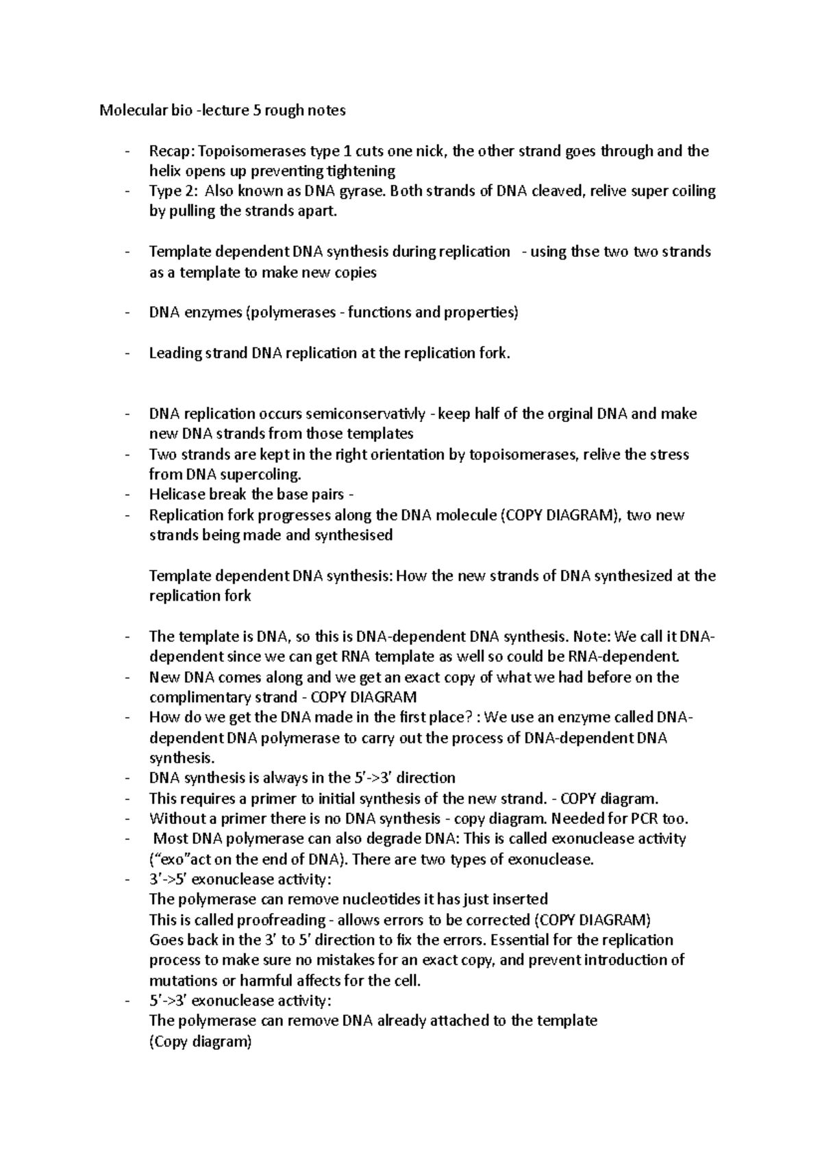 Lecture 5 rough notes - Molecular bio -lecture 5 rough notes - Recap ...