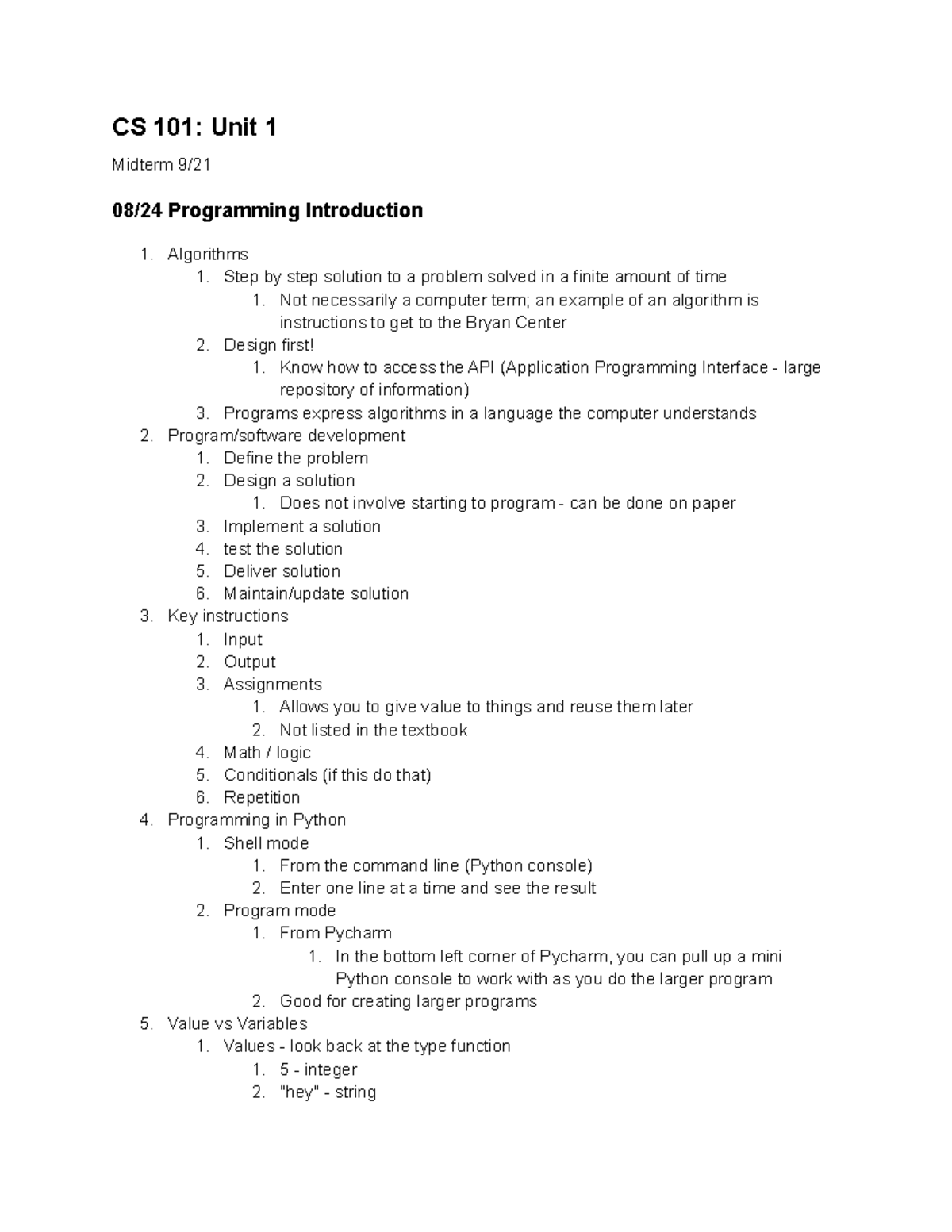 CS 101 Notes - Section 1 - CS 101: Unit 1 Midterm 9/ 08/24 Programming ...