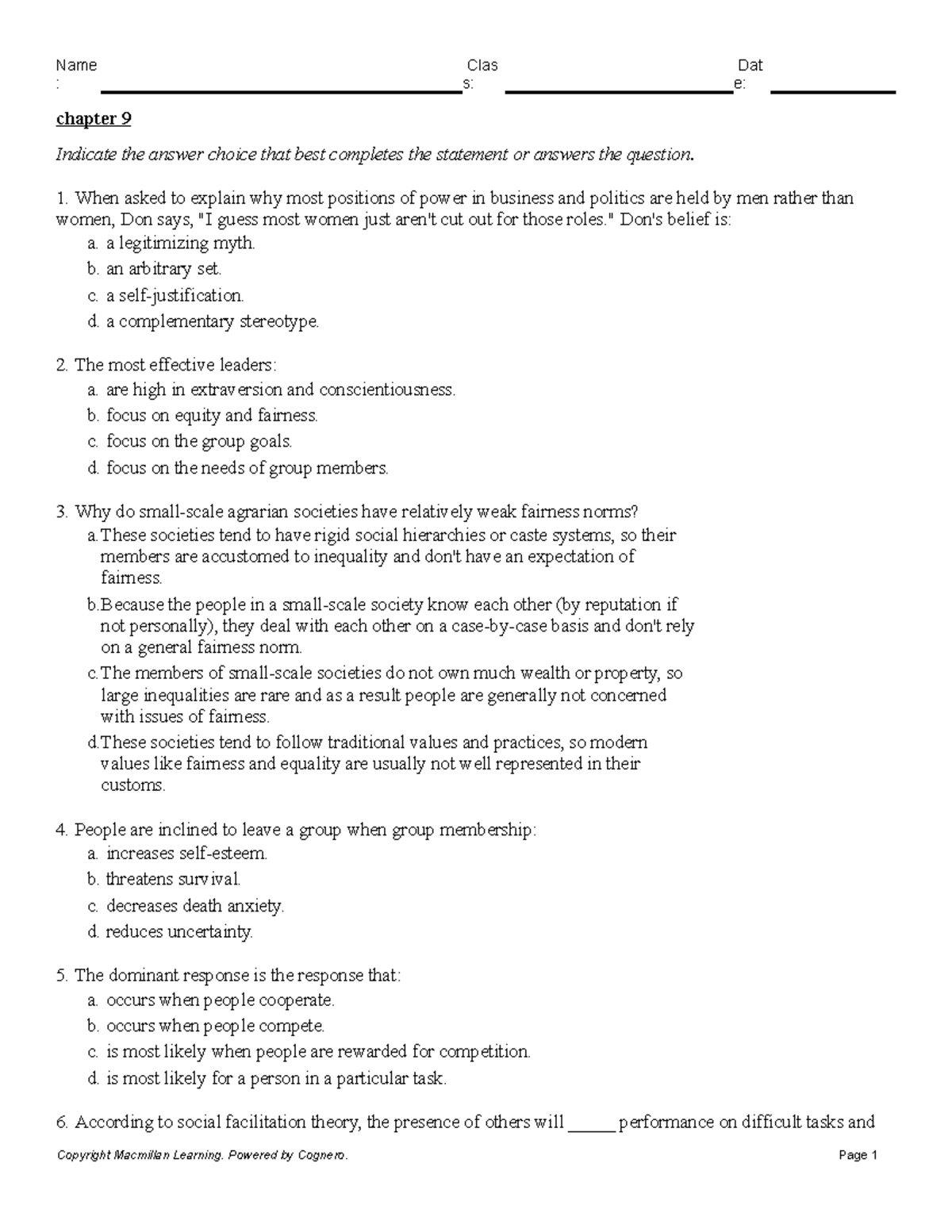 Chapter 9 - Practice - : S: E: Chapter 9 Indicate The Answer Choice ...