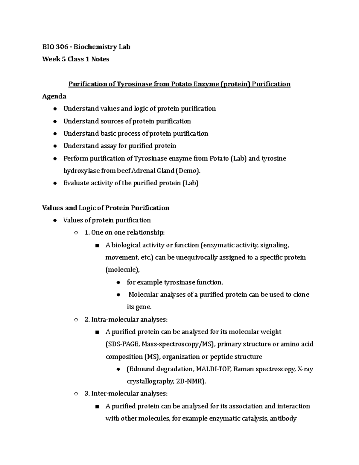 BIO 306 Week 5 Class 1 Notes Summer 2021 - BIO 306 - Biochemistry Lab ...