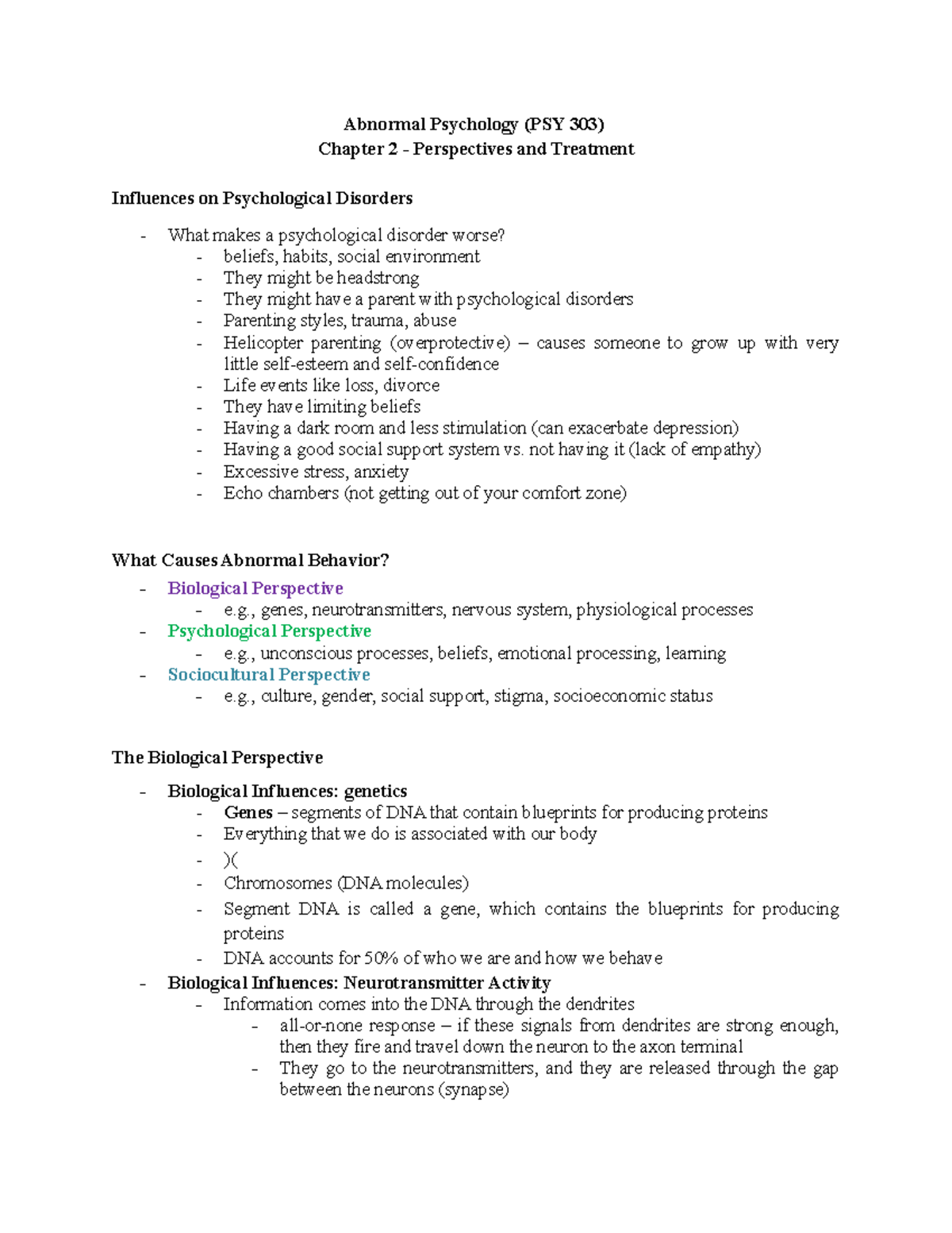 Abnormal Psychology (PSY 303) - Chapter 2 - not having it (lack of ...