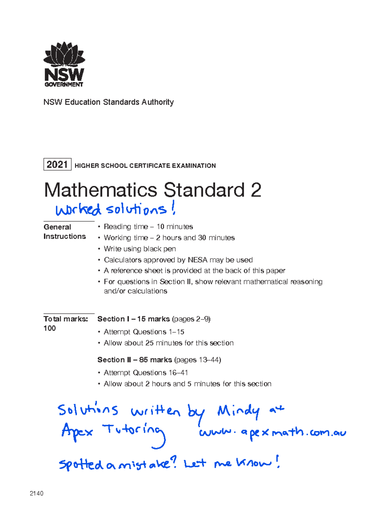 2021 hsc mathematics standard 2 solutions NSW Education Standards Authority 2021 HIGHER SCHOOL