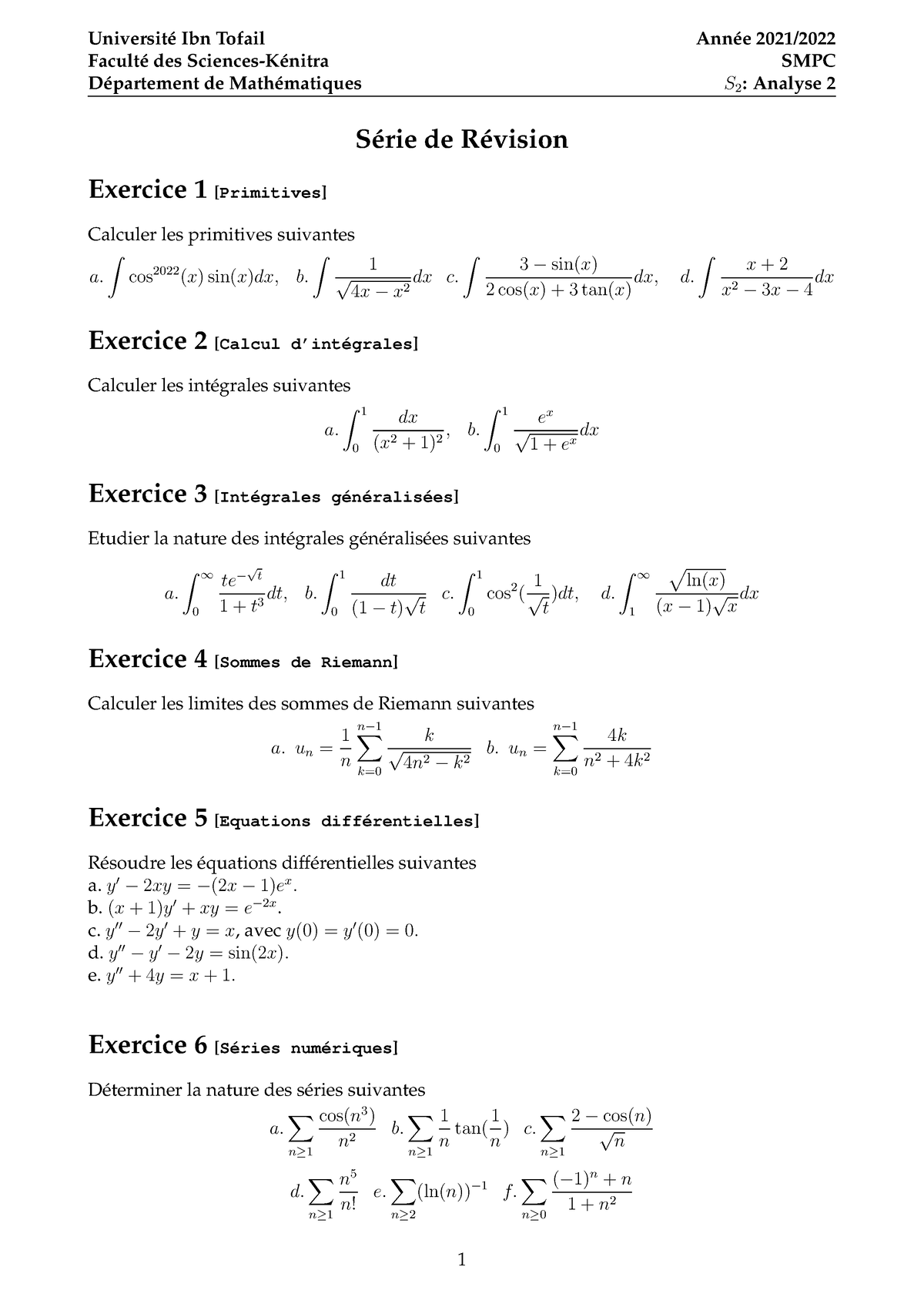 Serie Revision SMPC - Université Ibn Tofail Faculté Des Sciences ...