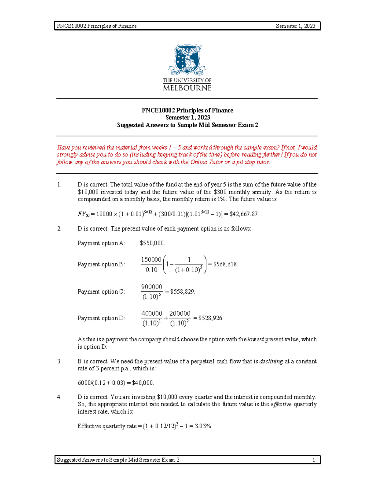 Sample Mid Sem 2 - Ans - YES - FNCE10002 Principles Of Finance Semester ...