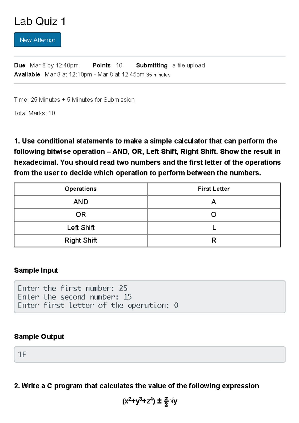 Lab Quiz 1 - CSE115 Computer Programming I Faculty: TNS1 - Lab Quiz 1 ...