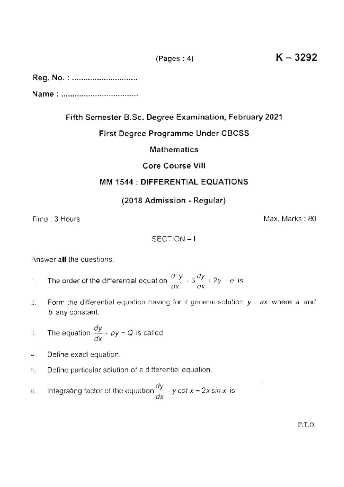 Differential-Equations B.SC Maths 5TH Semquestion Paper - BSC ...