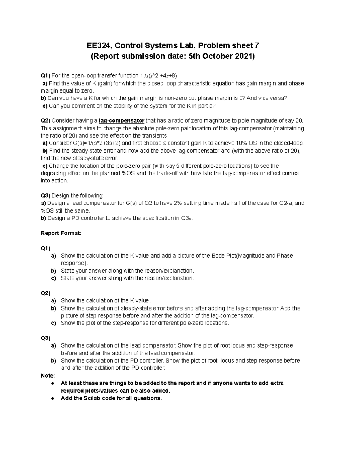 EE324 LAB Problem Sheet 7 - EE324, Control Systems Lab, Problem Sheet 7 ...