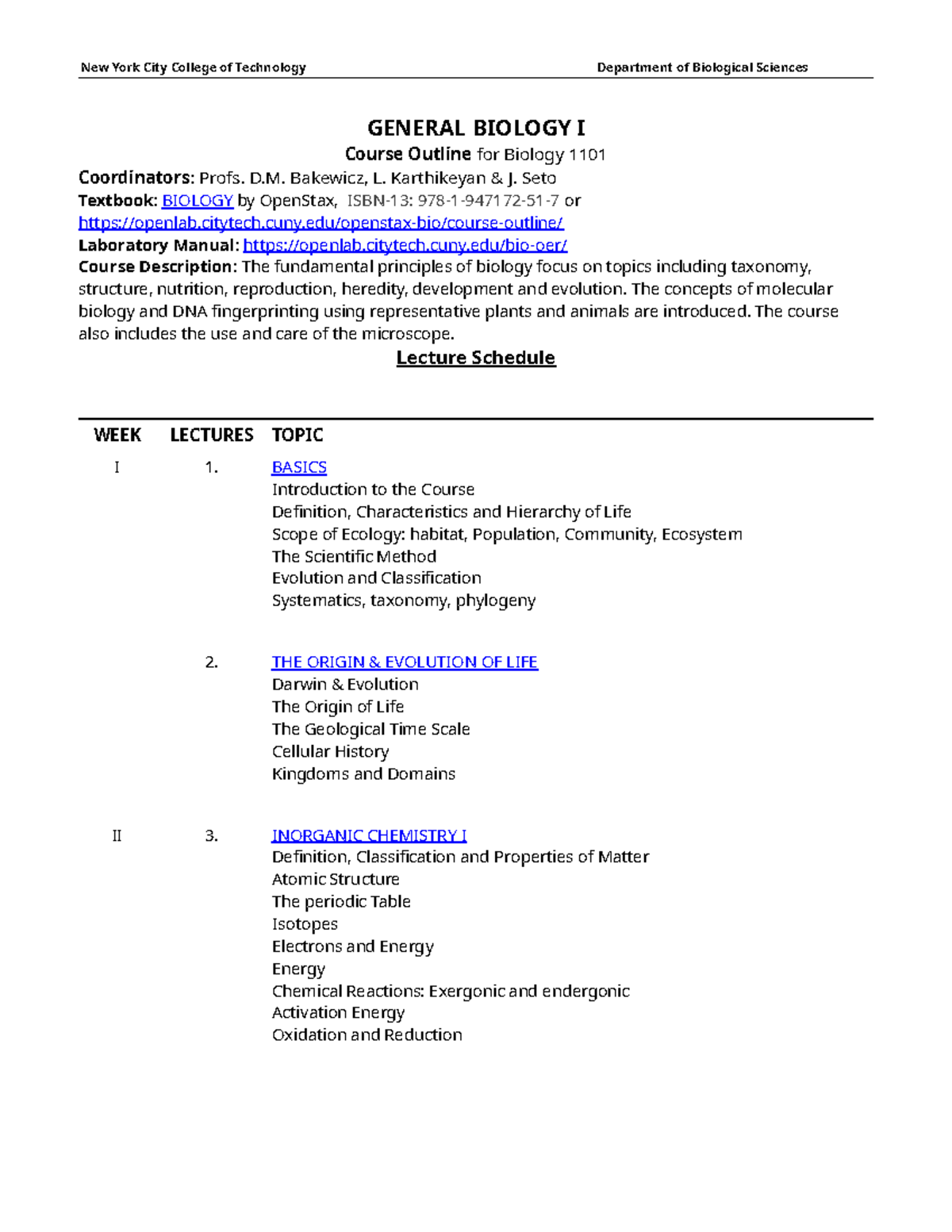 BIO1101 prof s GENERAL BIOLOGY I Course Outline for Biology 1101