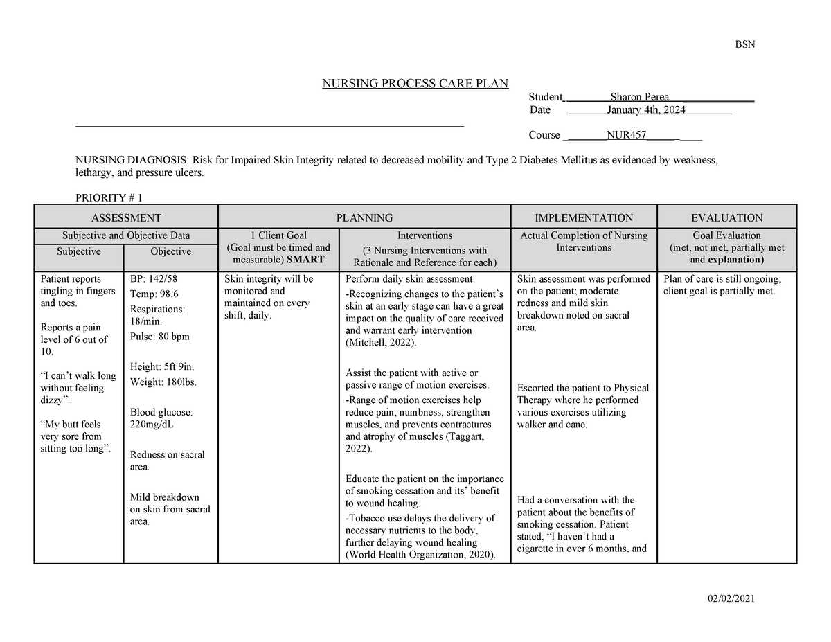 NUR457 Geriatrics Care Plan - BSN NURSING PROCESS CARE PLAN Student ...