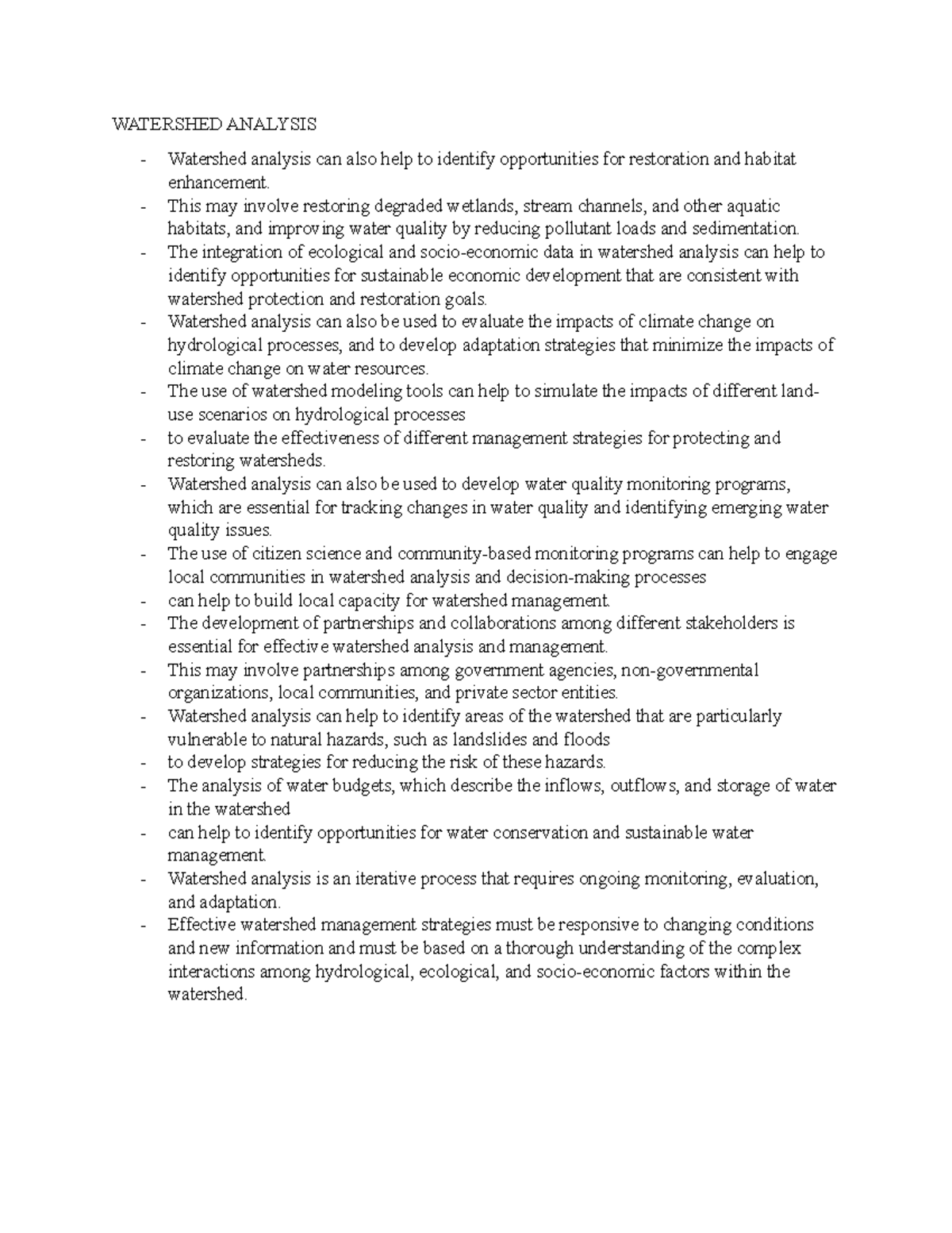 Watershed Analysis Notes 2 - WATERSHED ANALYSIS Watershed analysis can ...