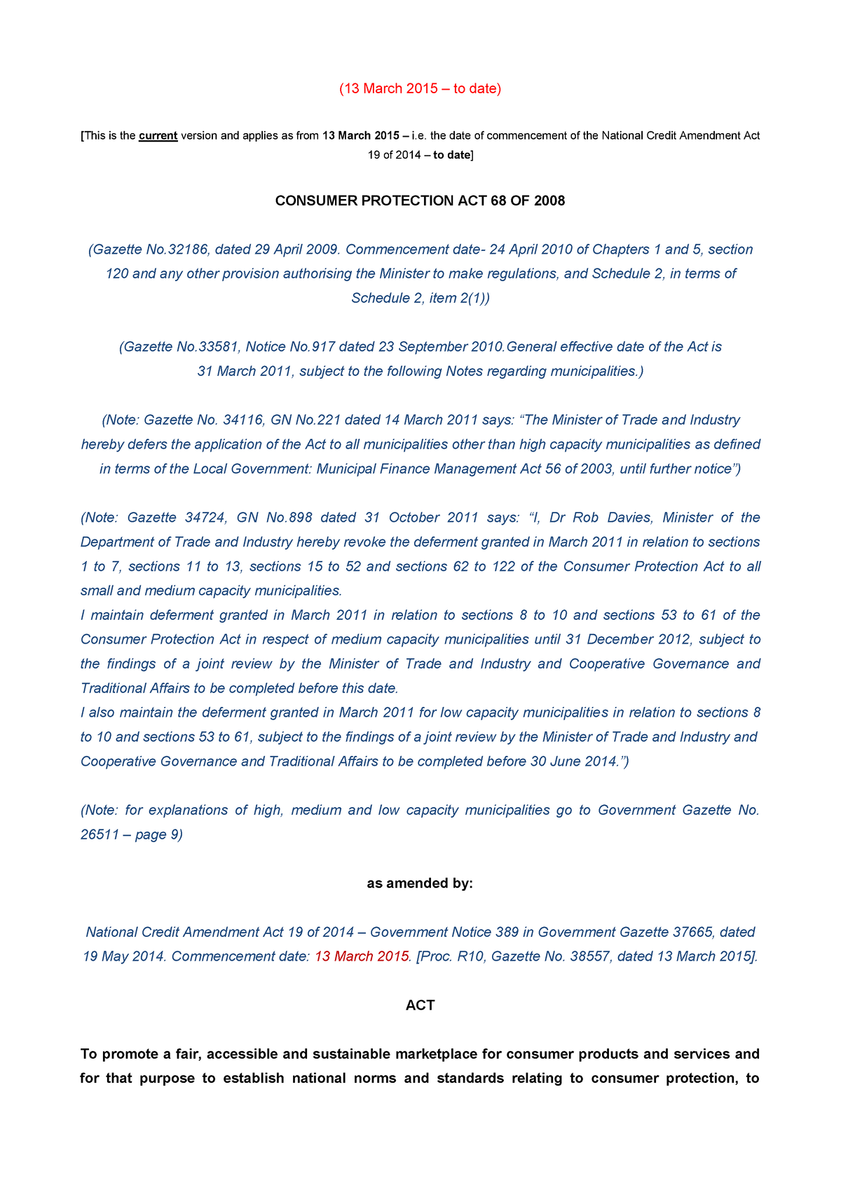 Consumer Protection Act No 68 Of 2008 With Amendment - (13 March 2015 ...