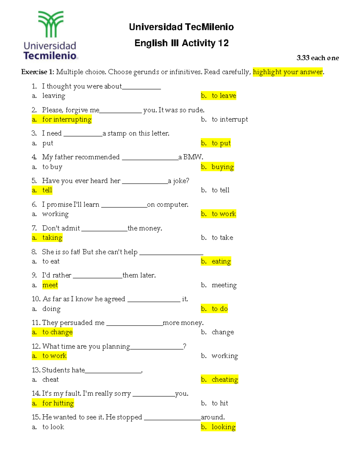 Actividad 12 DE INGLES 2 SEMESTRE 2 - Universidad TecMilenio English ...