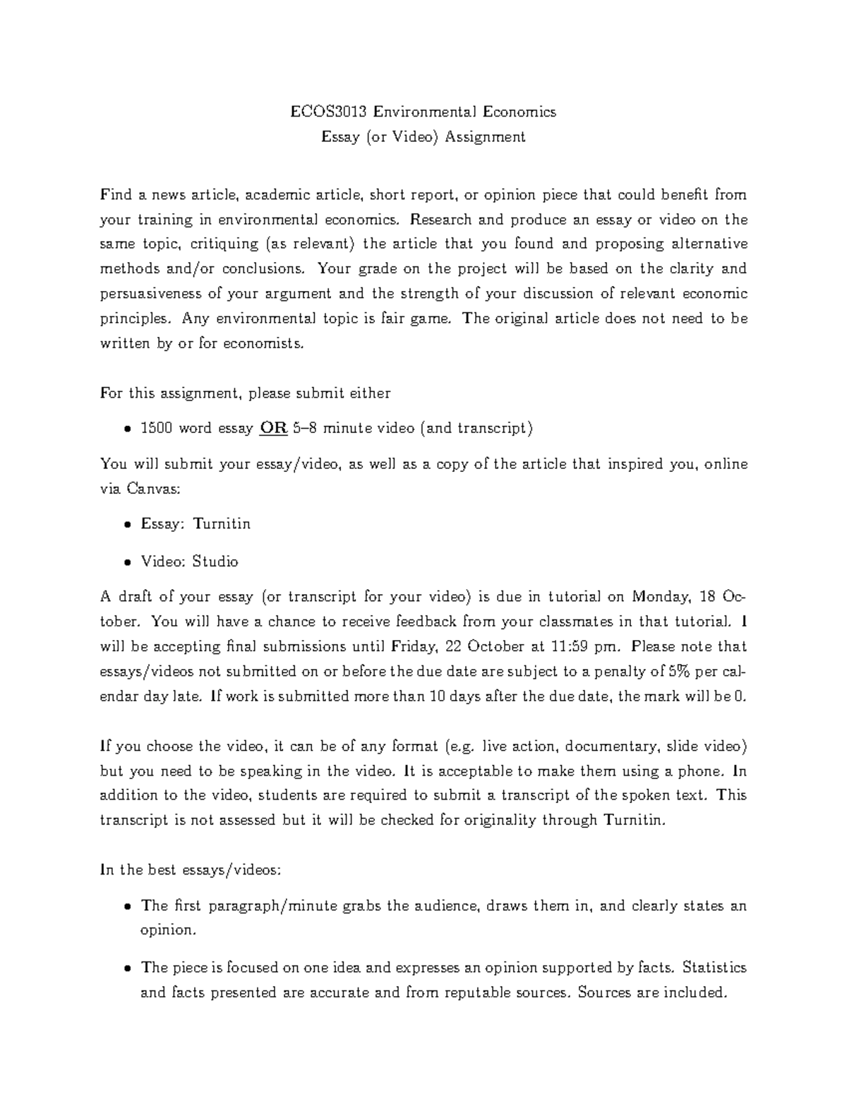 2021 Essay Assignment Question - ECOS3013 Environmental Economics Essay ...