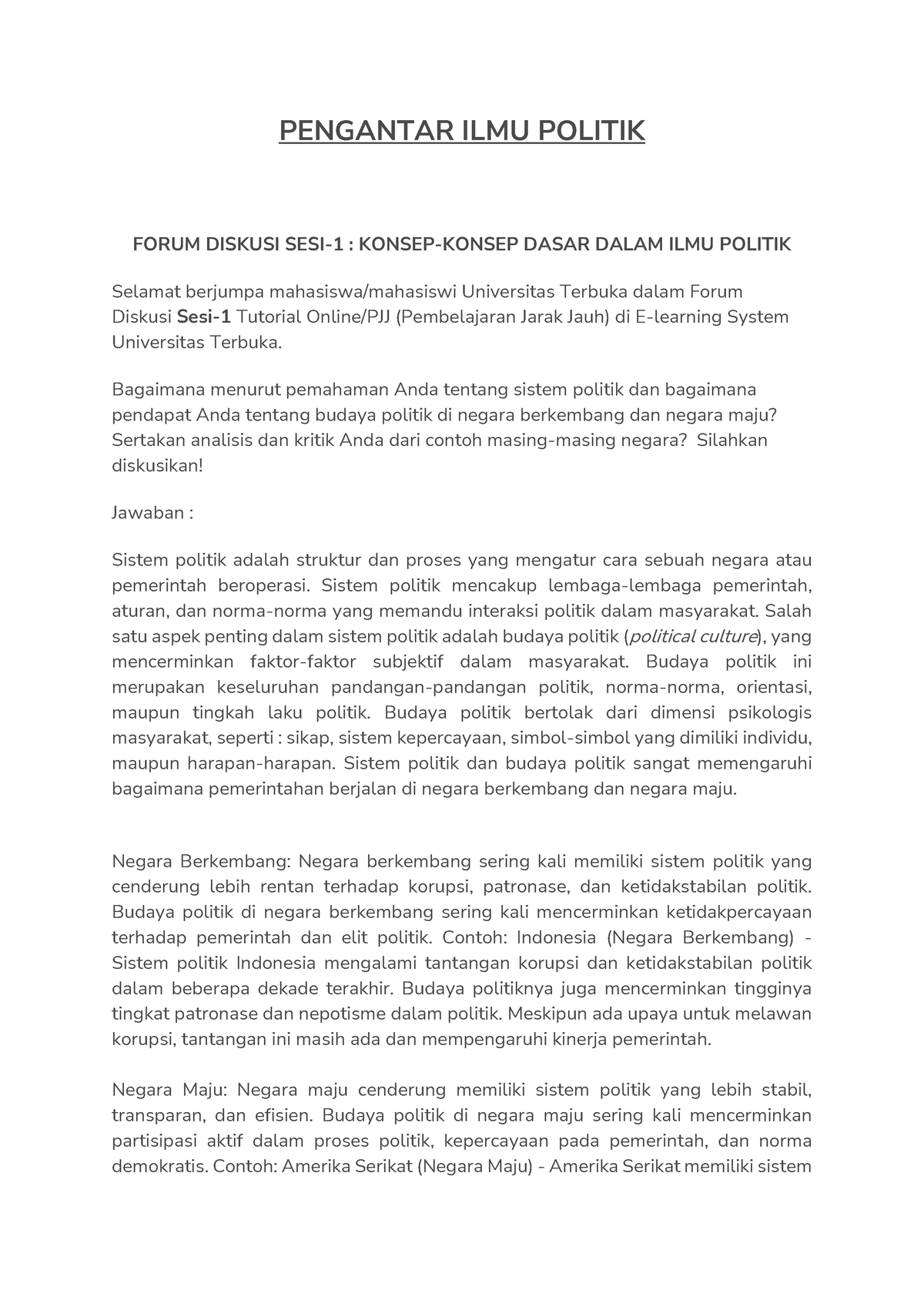 SESI 1 - Diskusi - Pengantar ILMU Politik - PENGANTAR ILMU POLITIK ...