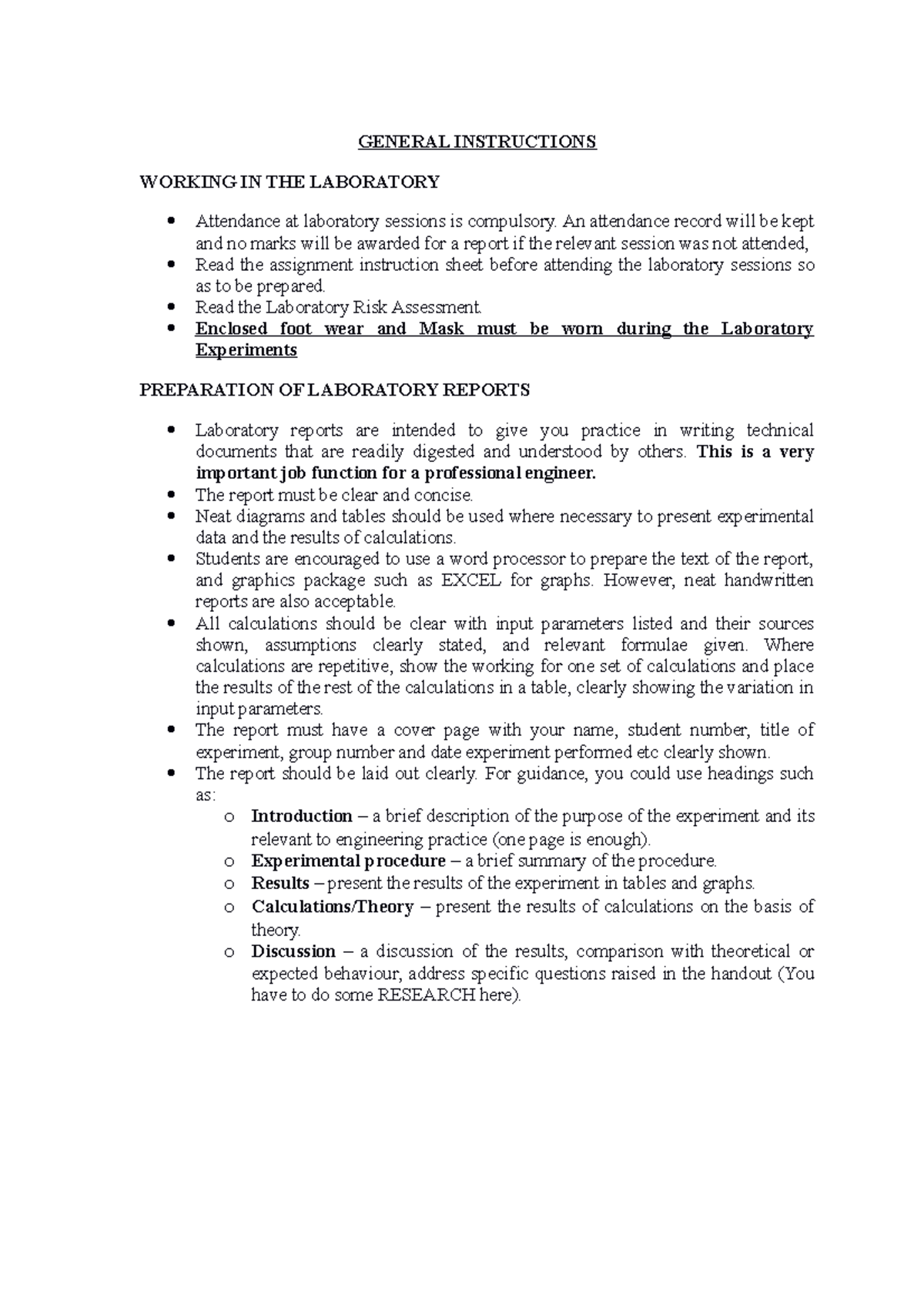 General Instructions GENERAL INSTRUCTIONS WORKING IN THE LABORATORY