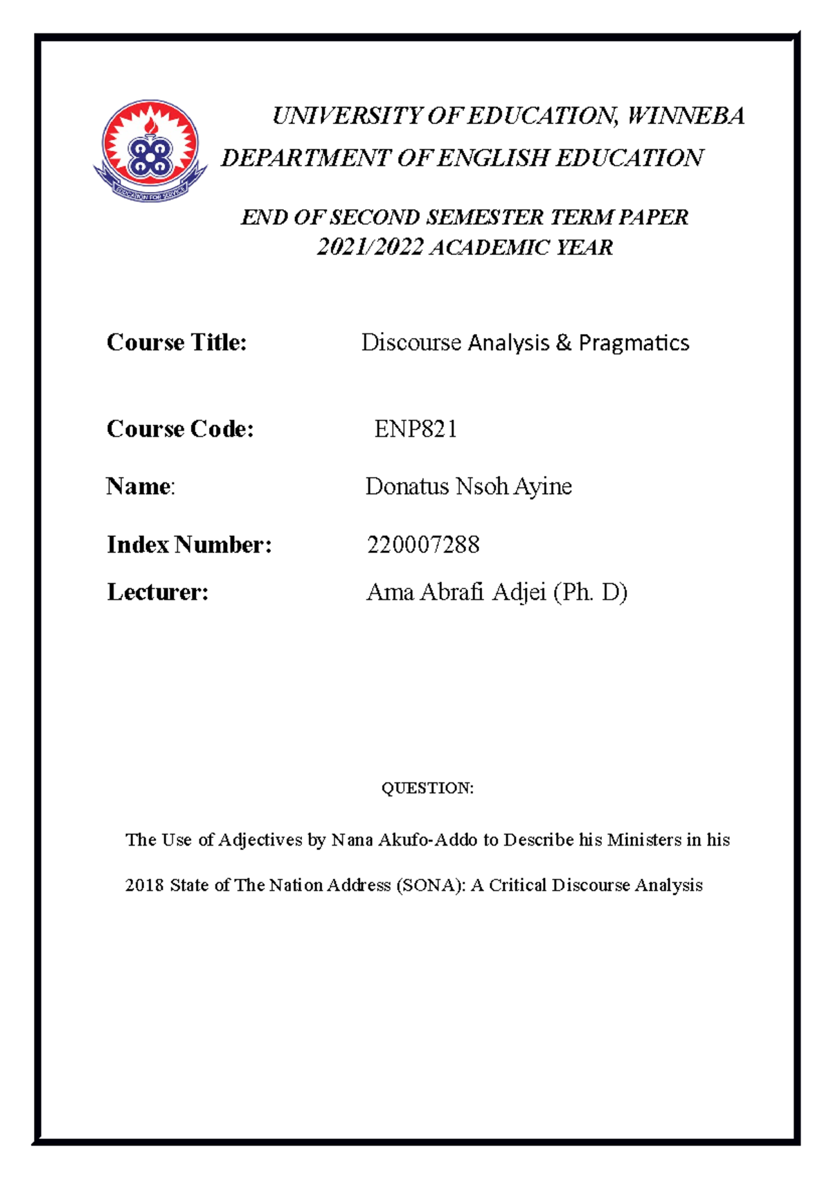2nd Semester Paper Discourse - UNIVERSITY OF EDUCATION, WINNEBA ...