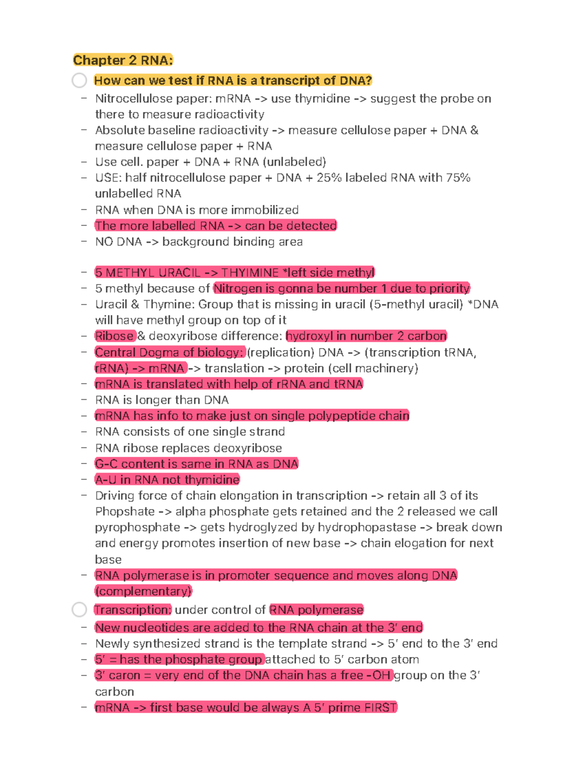 RNA QUIZ - review protein detailed notes