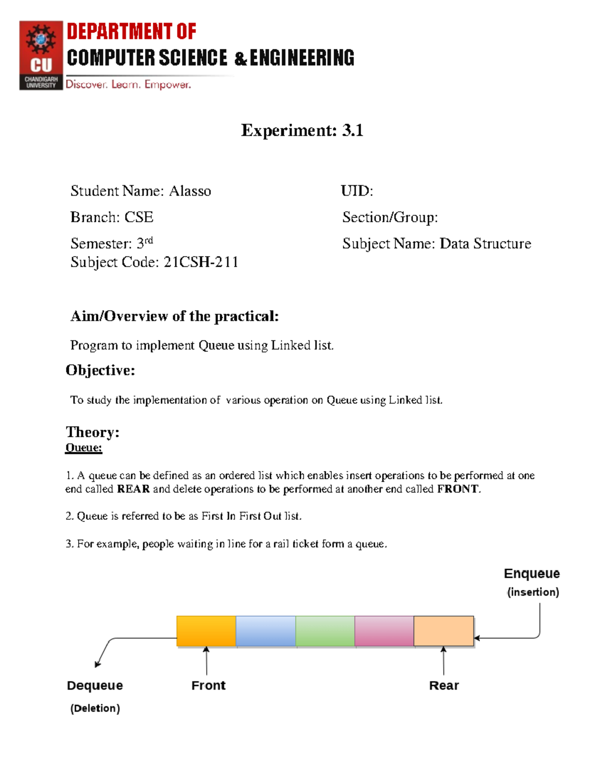 Data Structure Worksheet 3 - COMPUTER SCIENCE & ENGINEERING Experiment ...