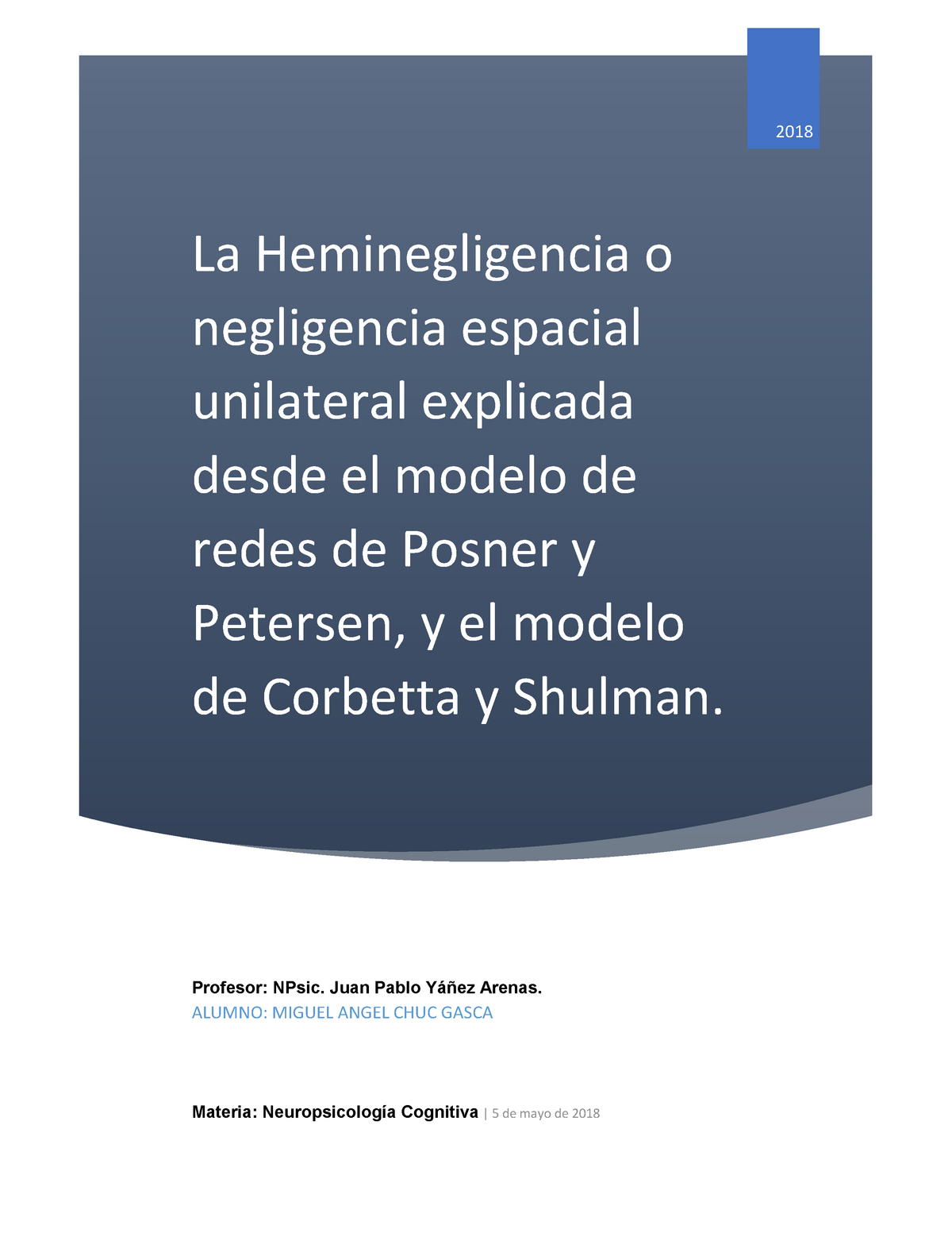 La Heminegligencia o negligencia espacial unilateral explicada desde el  modelo de redes de Posner y - Studocu