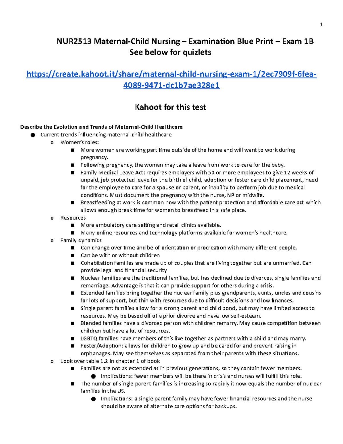Exam 1 Concepts Maternal Child - NUR2513 Maternal-Child Nursing ...