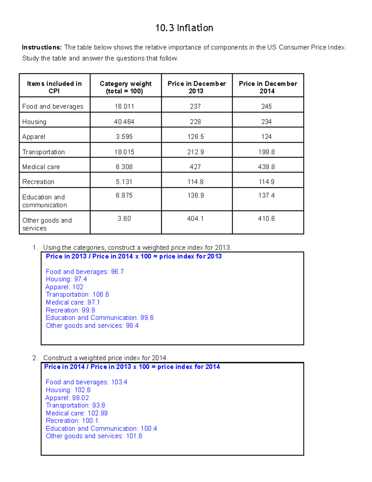 Inflation exercise 10 Inflation Instructions The table below shows