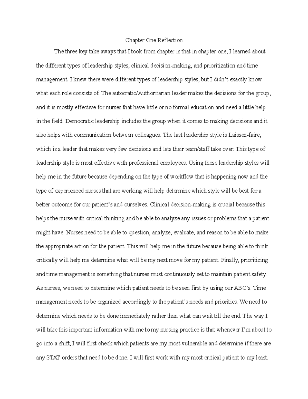 Chapter 1 Reflection - Assignments - Chapter One Reflection The three ...