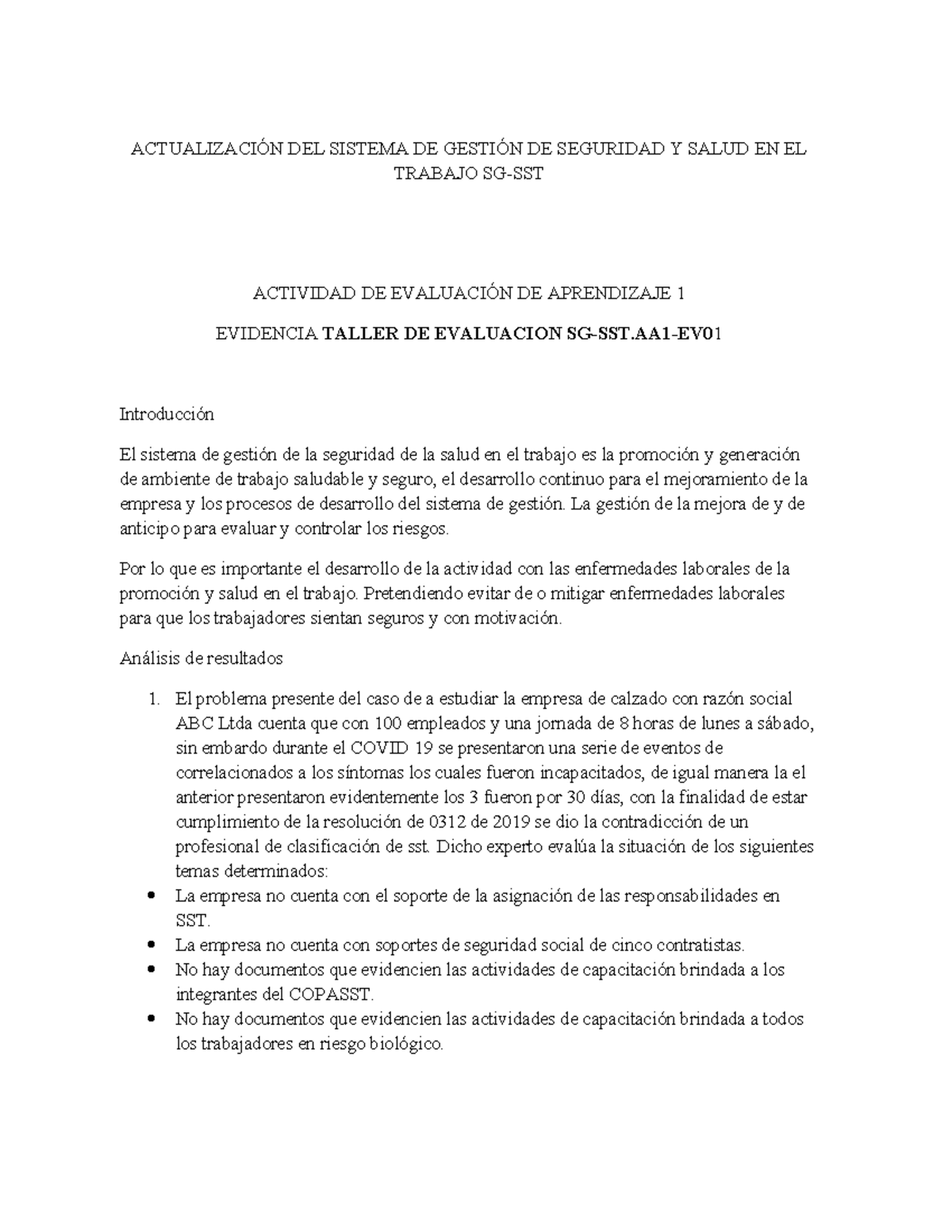 Taller SG-SST. AA1-EV01 - ACTUALIZACIÓN DEL SISTEMA DE GESTIÓN DE ...