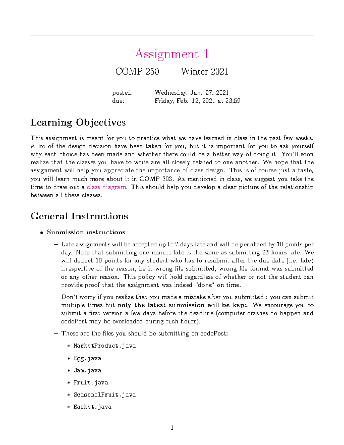 COMP250 Winter 2021 Assignment 1 Updated Feb3 - Copy - Assignment 1 ...