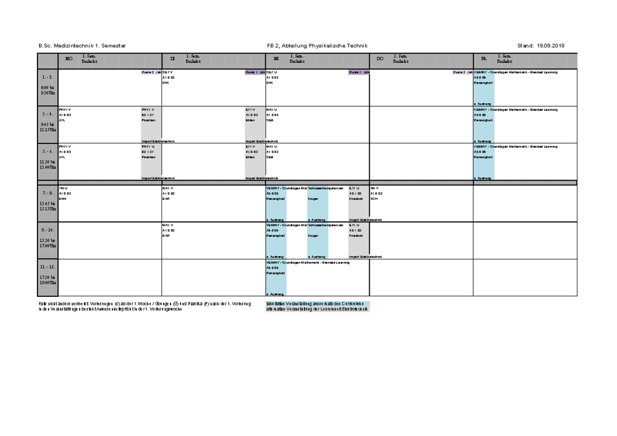 Stundenplan 1Sem 2018 0919 B. Medizintechnik 1. Semester MO FB 2, Abteilung Physikalische