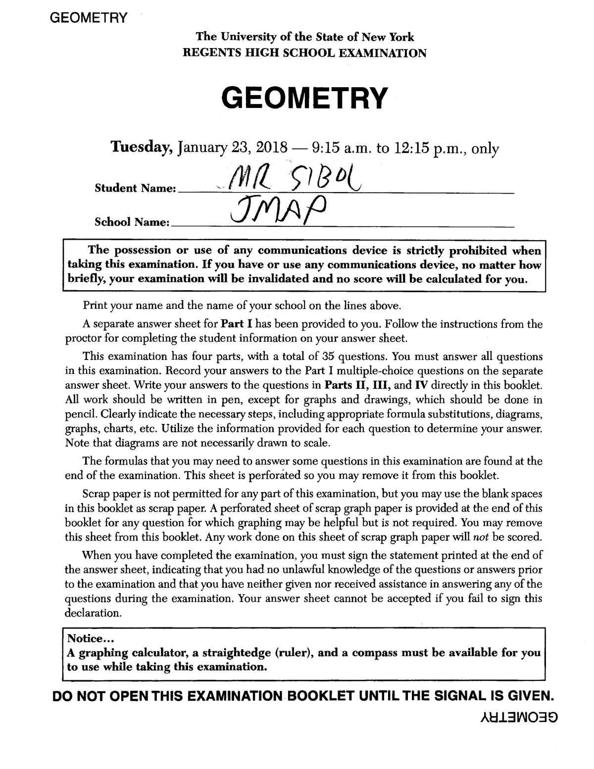 Geometry JMAP for Regents Class High School GEOMETRY The University