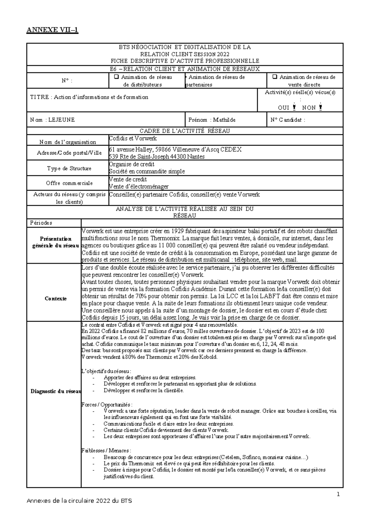 Fiche E Partenaire Annexes De La Circulaire Du Bts Ndrc Annexe Vii Bts