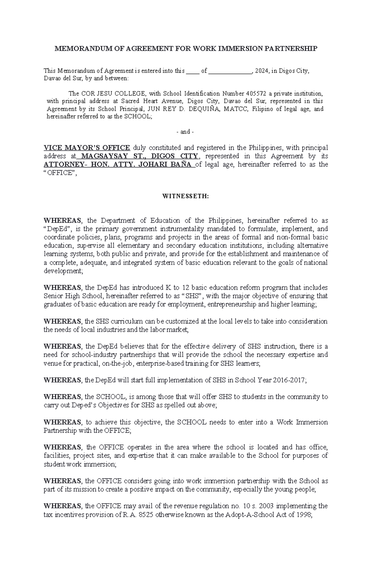 Moa Sample (2) Hehe - Memorandum Of Agreement For Work Immersion 