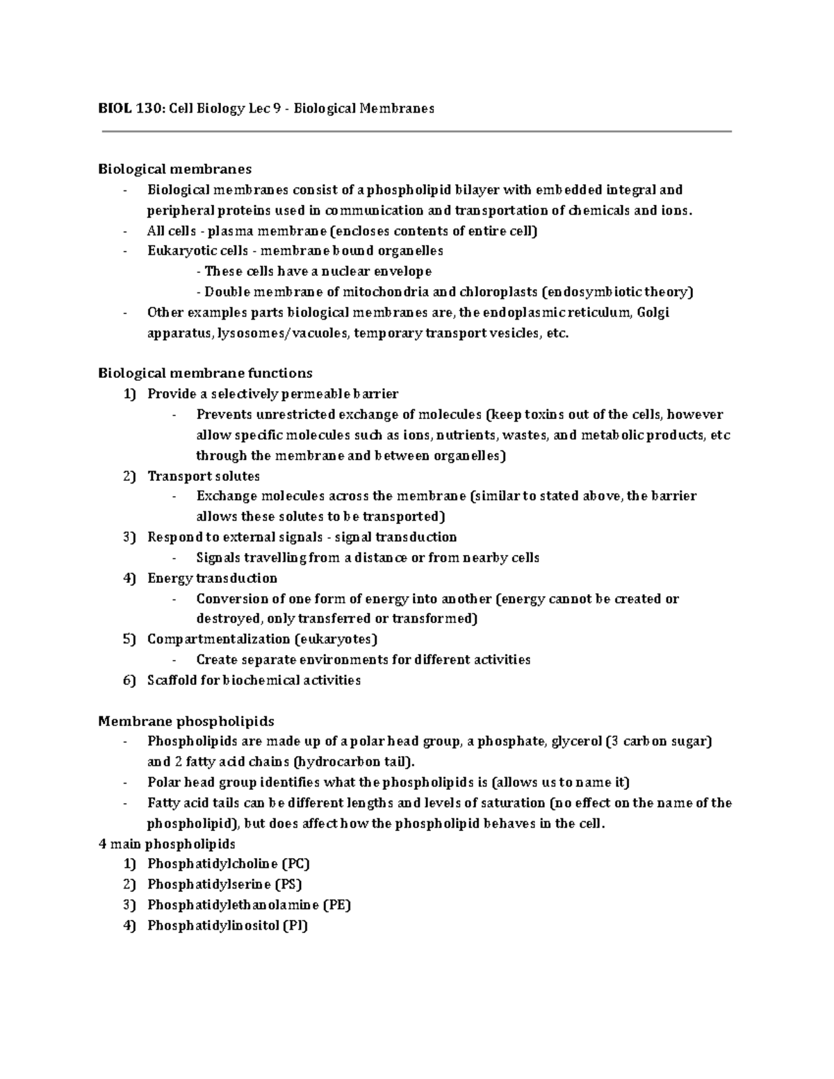 BIOL 130 - Cell Biology Lec 9 - BIOL 130: Cell Biology Lec 9 ...